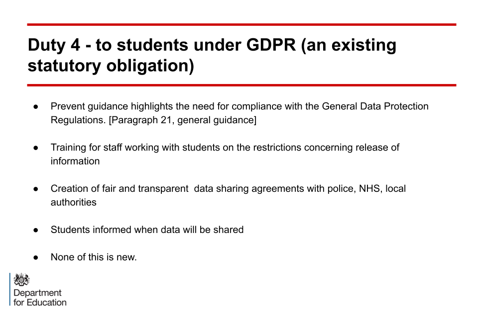 An image of slide 17: duty 4 - to students under GDPR