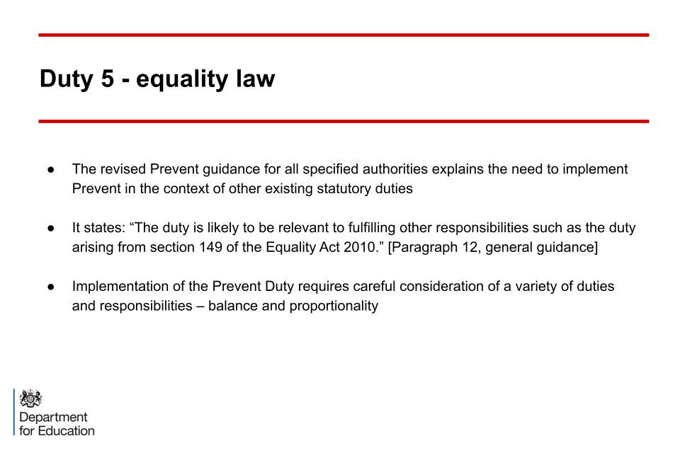 An image of slide 18: duty 5 - equality law