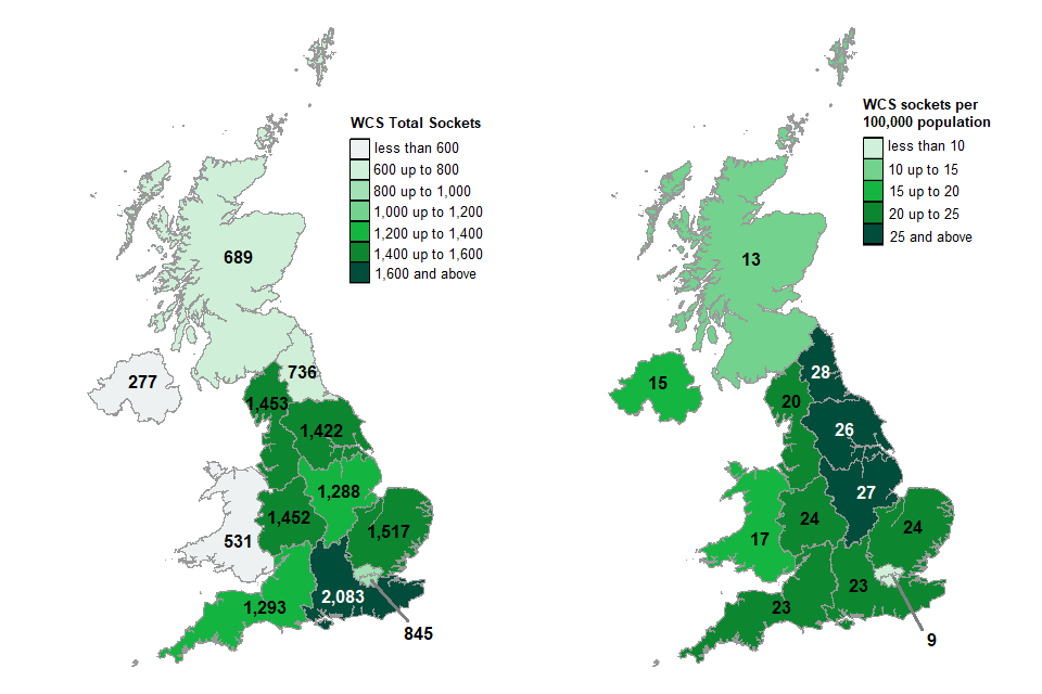 Map 3 shows the number of Workplace Charging Scheme funded sockets in each UK region. Map 4 shows Workplace Charging Scheme funded sockets per 100,000 of the population in each UK region.