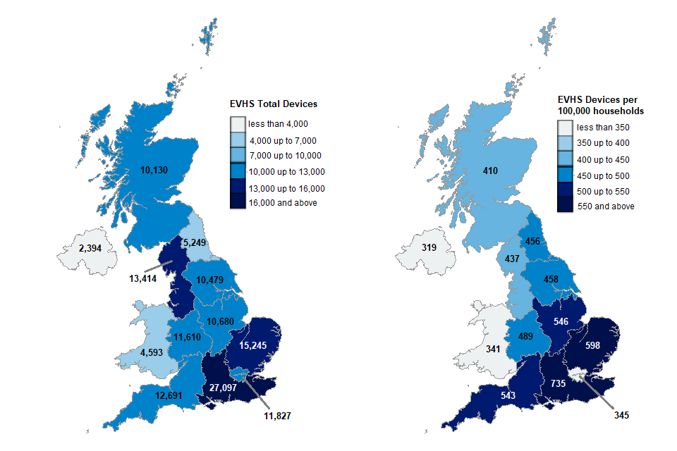 Map 1 shows the number of Electric Vehicle Homecharge Scheme funded charging devices in each UK region. Map 2 shows funded devices per 100,000 households in each UK region