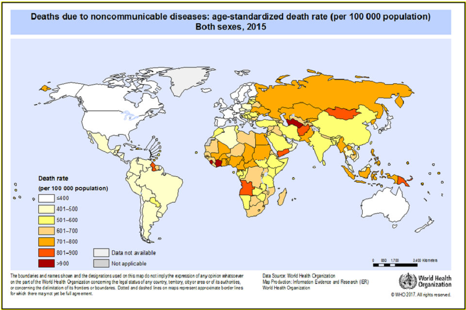 World map of death rate per 100,000 population for 2015.