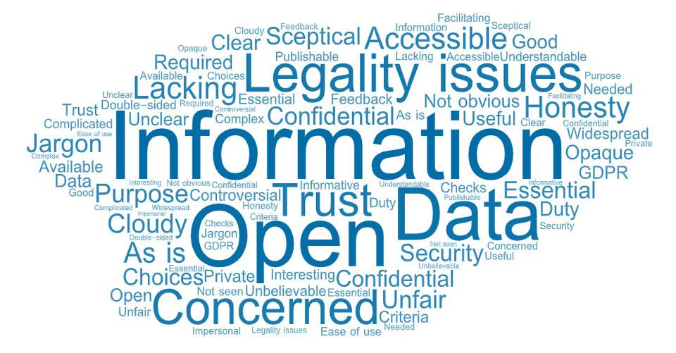 Wordcloud of participants' responses. Most prominent words include: information, open, data, legality issues, trust and concerned.