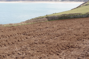 Brown ploughed field in foreground, blue sea in background
