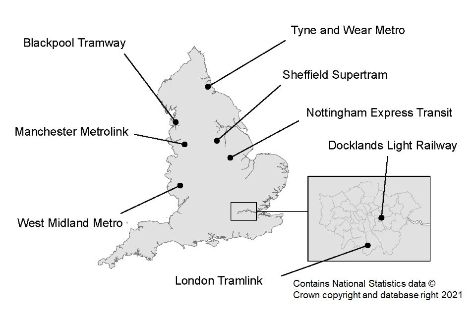 Map 1: Location of each light rail and tram system in England, year ending March 2021