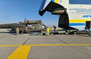 Puma helicopter being loaded off an Antonov aircraft at RAF Benson