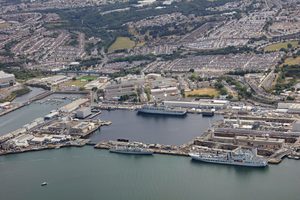 Aerial view of boats moored at HMNB Devonport