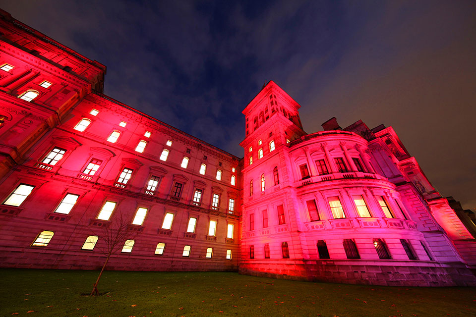 The Foreign, Commonwealth and Development Office lit up to mark Red Wednesday on 25 November 2020, in support of persecuted Christians around the world.