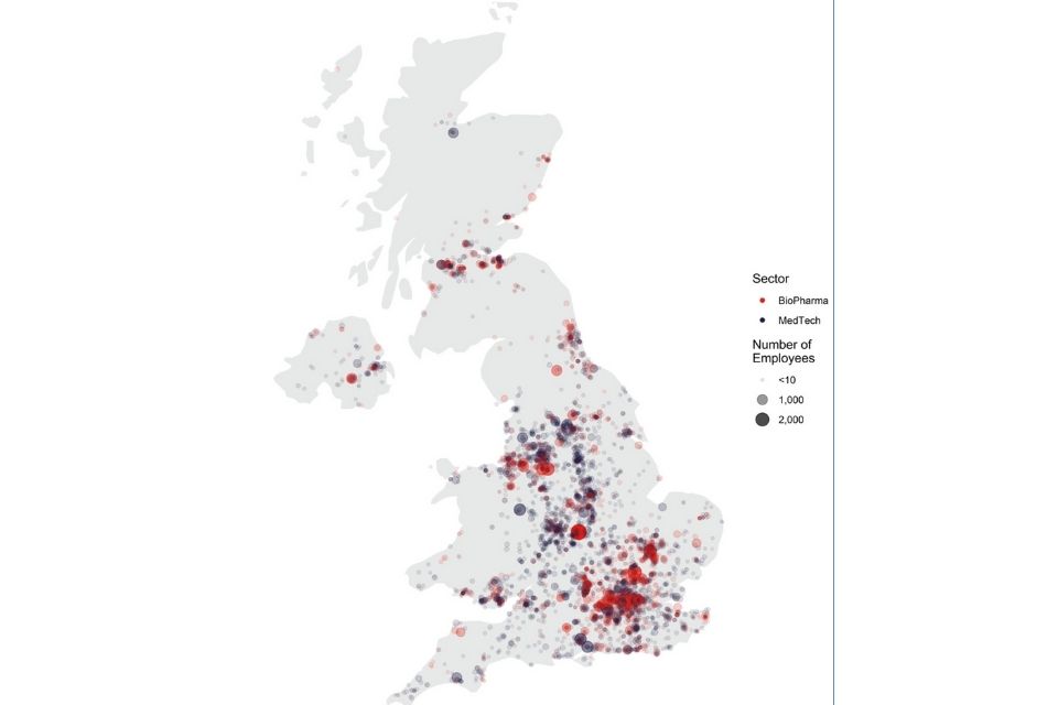 Map - distribution of life sciences employment across the UK, 2019