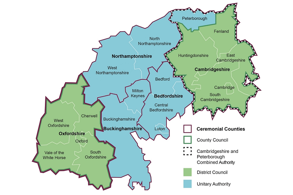 Map of the Oxford-Cambridge Arc area showing key administrative boundaries including: Ceremonial Counties; City Councils; Combined Authorities; District Councils; and Unitary Authority areas.