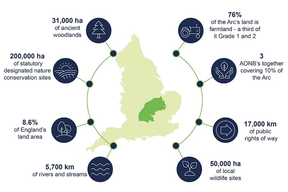 Infographic showing facts about the Arc's environment today, including size of ancient woodlands, Areas of Outstanding National Beauty, size of wildlife sites, length of public rights of way, and amount of Grade 1 and 2 farmland in the Arc.