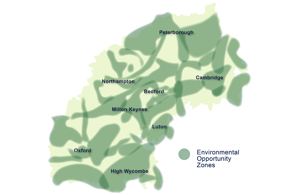 Map showing environmental opportunity zones in the Arc - highlighted areas represent large-scale zones in the Arc, considered to have the greatest potential for environmental protection, enhancement and to improve connectivity.