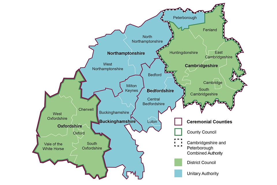 Map of the Oxford-Cambridge Arc area showing key administrative boundaries including: Ceremonial Counties; City Councils; Combined Authorities; District Councils; and Unitary Authority areas.