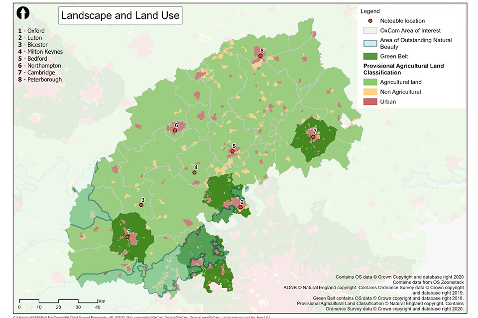 Map showing three AONBs, eight urban centres and areas of green belt, principally around Oxford, Luton and Cambridge.