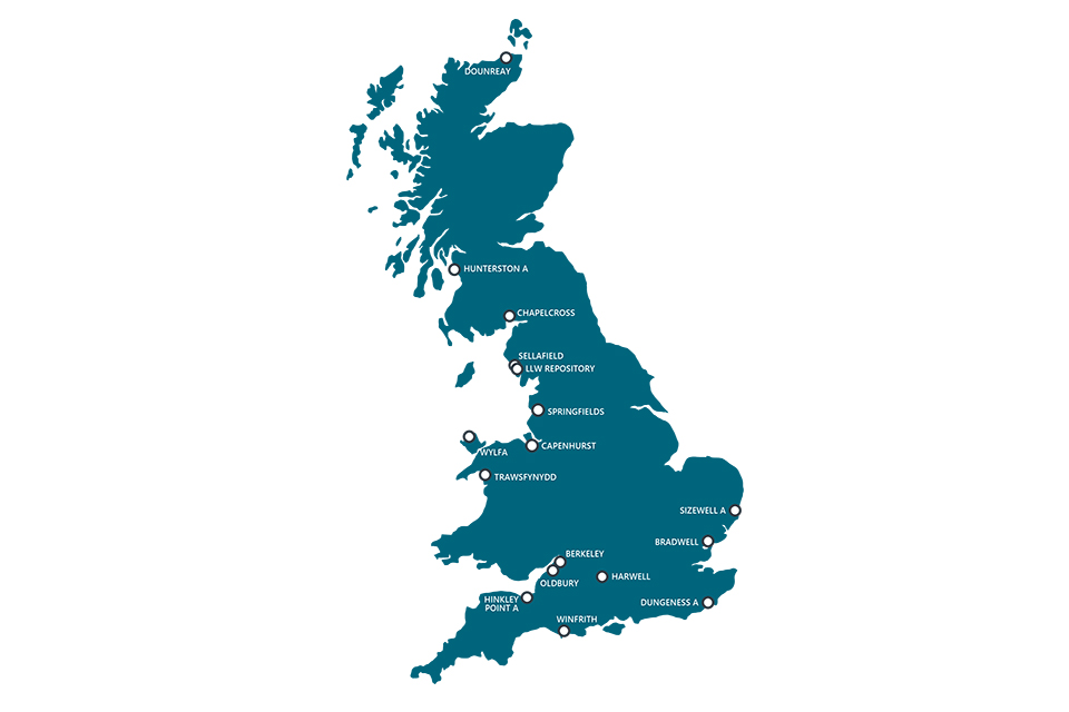 Map of the UK showing location of NDA sites