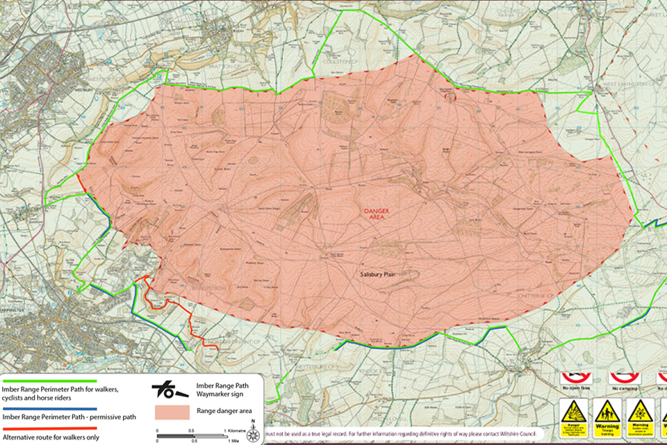 Map of Imber range at Salisbury plain showing the danger area borders.