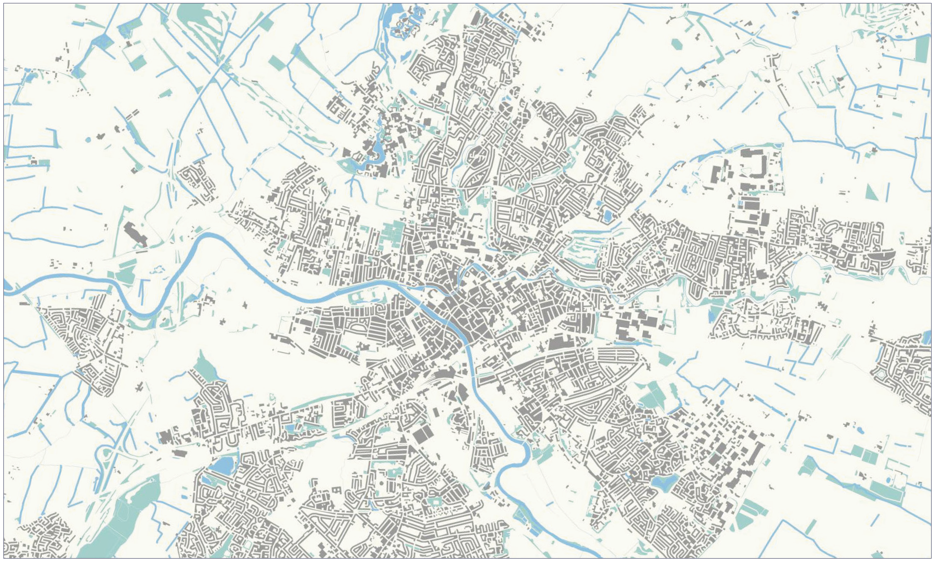 Shows a figure ground plan of a fictional mid-sized town. Buildings and structures (figure) are coloured in black, the surrounding area (ground) is left blank. In this version rivers and significant areas of green spaces have been added to show context.