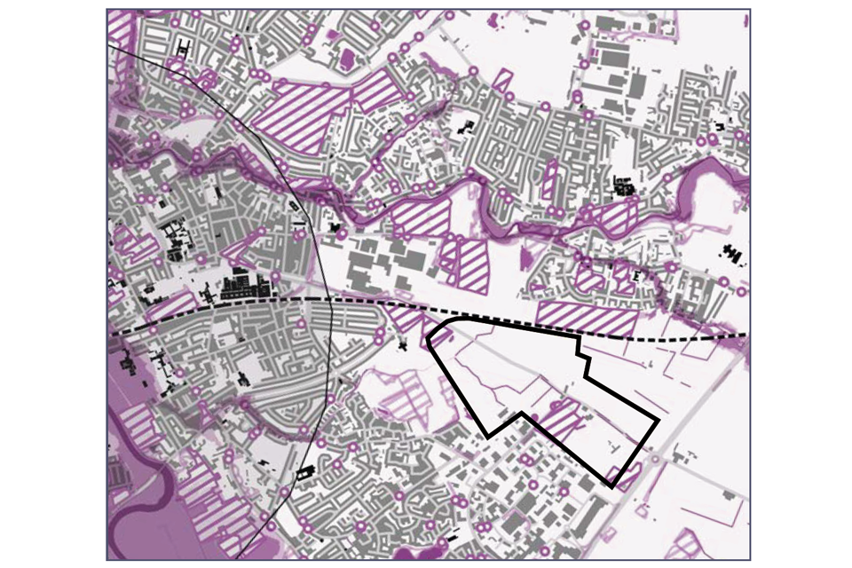The image shows an example context map for the area surrounding a fictional development site in an imagined mid-sized town. Further details about what should be included in such a plan can be found in the guidance notes document.