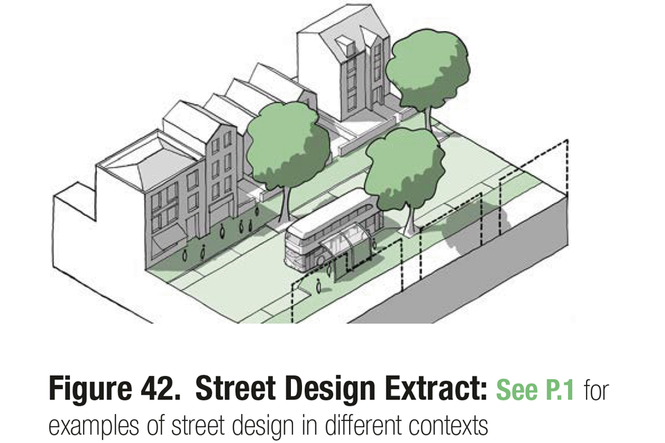 This is a 3D line drawing of a street fronted by buildings, with a bus stop and trees incorporated. It is an extract from the public space section of the guidance notes which gives more information about street design and the street hierarchy.