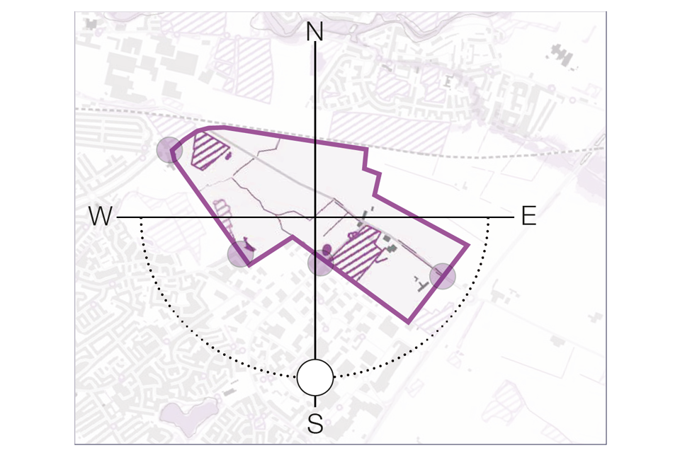 The image shows an example context map for the area surrounding a fictional development site in an imagined mid-sized town. The image relates to the preceding text which outlines what components and features should be included.