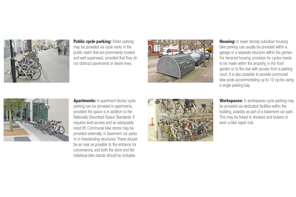 Illustrative photograph. A series of 4 photographs showing different cycle parking solutions. The following captions describe what is being shown in each instance.