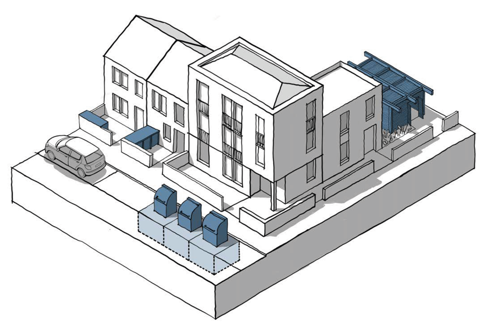 This is a 3D line drawing of a collection of residential houses. It shows the three different refuse collection options set out in the following captions.