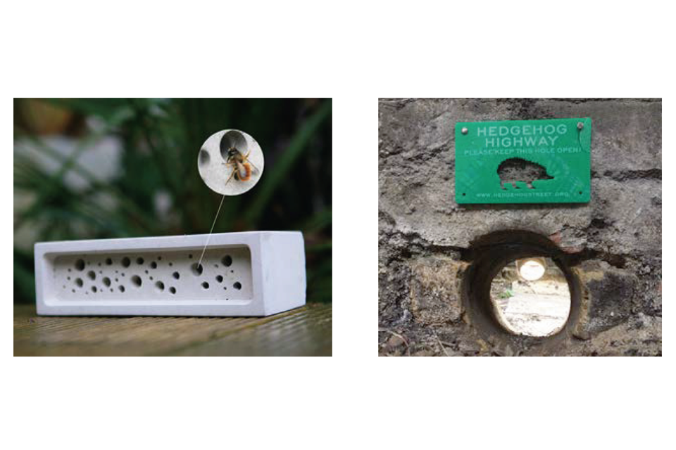 The 1st photo shows a bee brick, a brick incorporating holes of different sizes to provide a nesting site for solitary bees. The 2nd image shows a "hedgehog highway" - a hedgehog sized hole in a wall to allow hedgehogs to move across their territories.