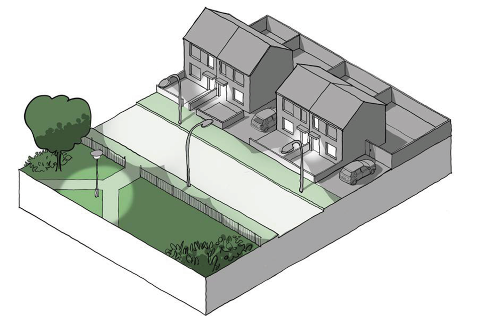 This is a 3D line drawing of a low density residential street at night. It illustrates the secured by design principles set out in the following text.
