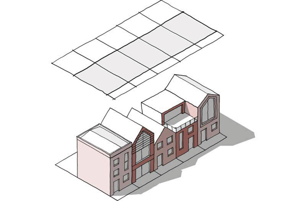 This is a 3D line drawing showing a row of standard housing plots. Beneath that is a drawing of the same row of plots occupied by a variety of houses. They all occupy the same space on the plot but their heights and features vary.