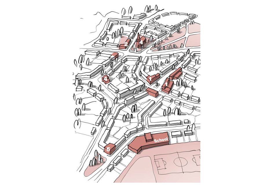 This is a 3D line drawing of a neighbourhood viewed from above, comprised of a number of blocks. It illustrates the facilities described in the preceding text.