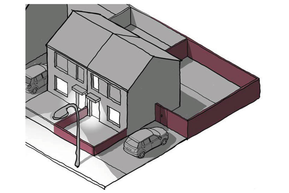 This is a 3D line drawing of a semi detached house at night. It illustrates the principles set out in the preceding text on security.