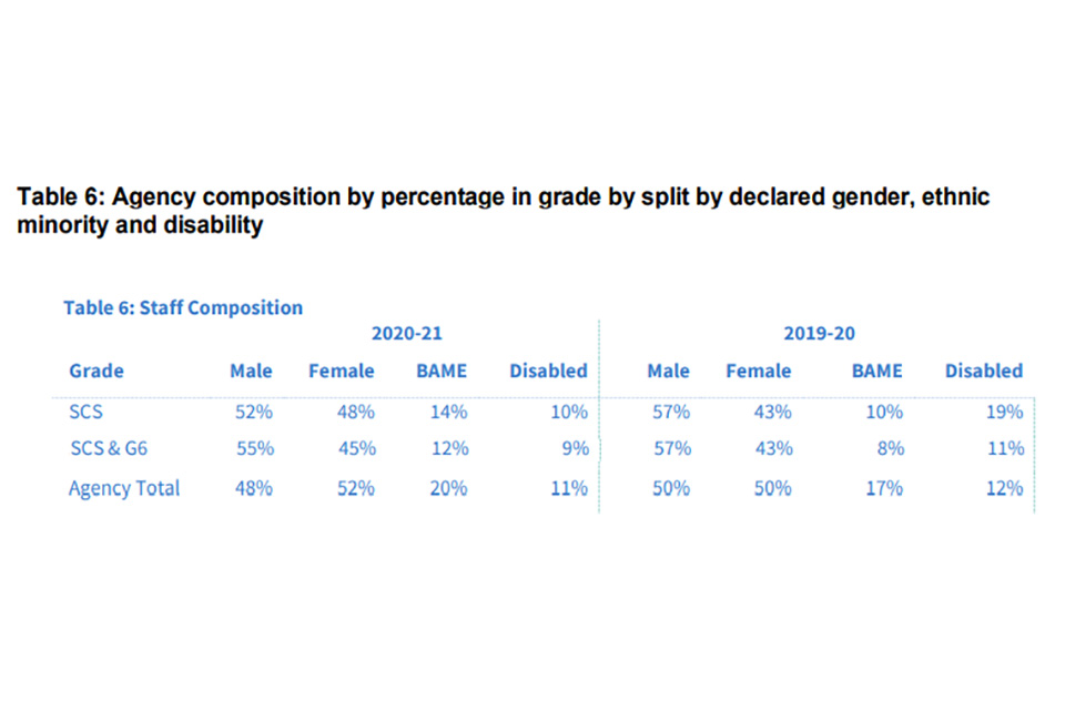 Table 6: Agency composition by percentage in grade by split by declared gender, ethnic  minority and disability