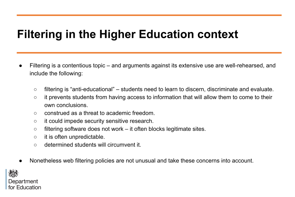 Image of slide 5: filtering in the higher education context