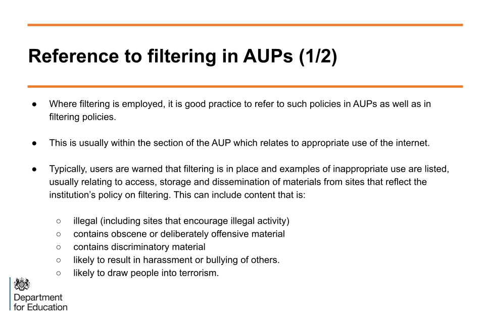 Image of slide 7: reference to filtering in acceptable use policies (1 of 2)