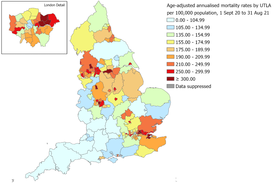 Figure 6.a. Age-adjusted annualised mortality rates** (per 100,000 population) in laboratory-confirmed cases of COVID-19 by upper-tier local authority, 1 September 2020 to 31 August 2021*†***