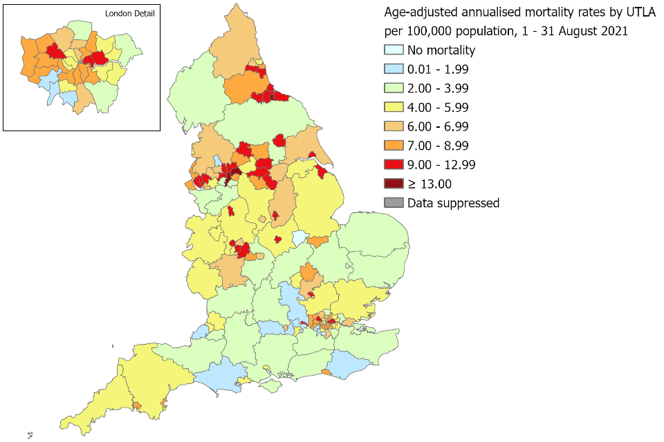 Figure 6.b. Age-adjusted annualised mortality rates** (per 100,000 population) in laboratory-confirmed cases of COVID-19, by upper-tier local authority, August 2021*†***