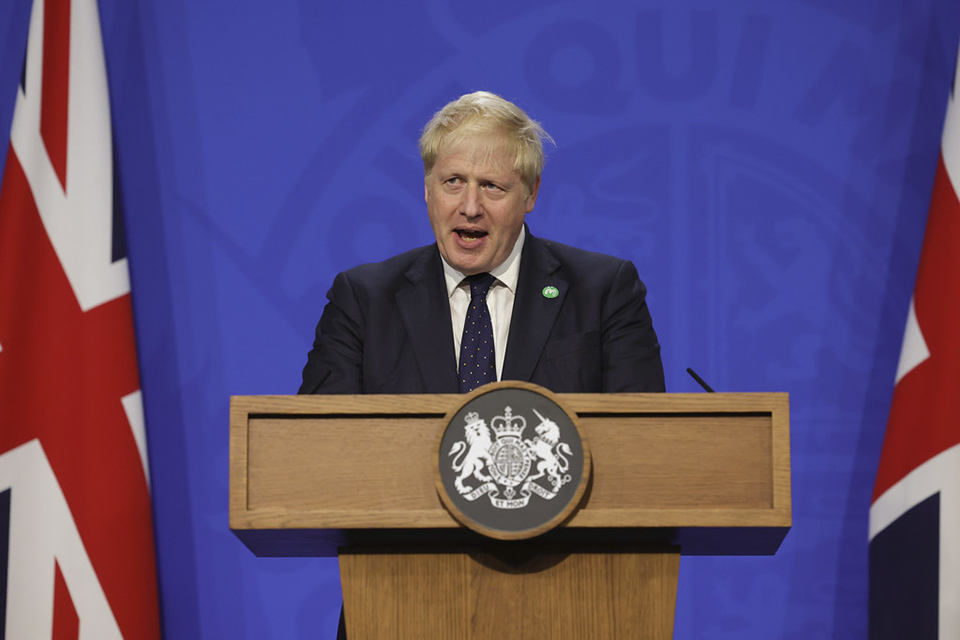 The Prime Minister Boris Johnson chairs press conference in No9 Downing Street with Chancellor of the Exchequer Rishi Sunak and the Health Secretary Sajid Javid on the day the new health and social care reforms announced.