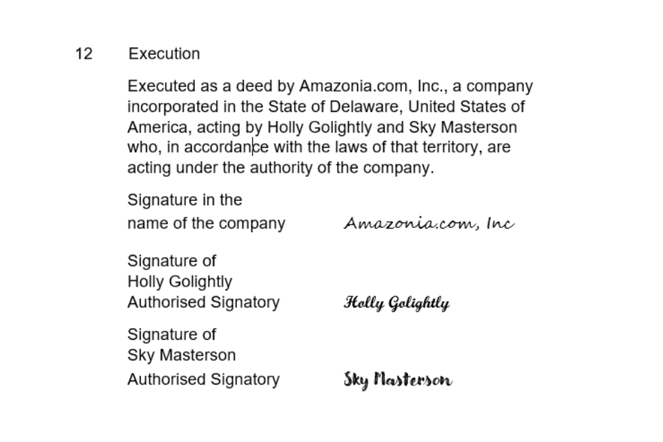 A screenshot of a form of execution with examples of how to present signatures and company names.