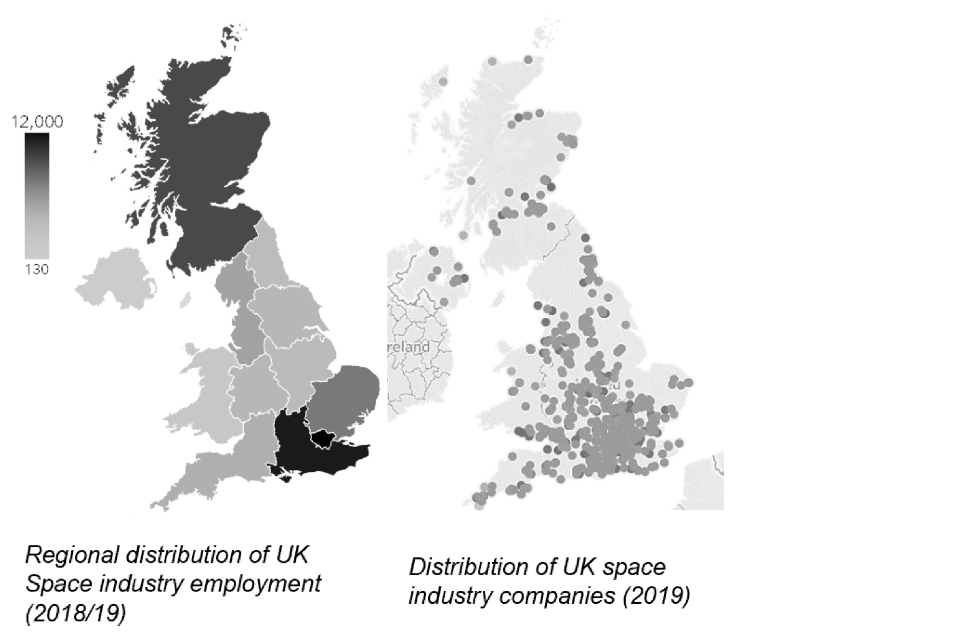 Maps showing the regional distribution of space industry employment/companies in the UK for 2018/19. The highest concentrations of companies and jobs are in Scotland and the South East.