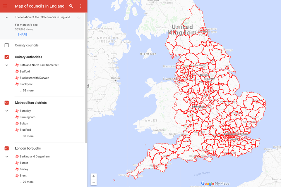 Google Map of councils in England