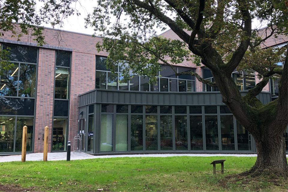 A modern office building fronted by a lawn and a mature tree..