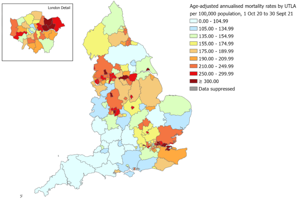 Figure 6.a Age-adjusted annualised mortality rates** (per 100,000 population) in laboratory-confirmed cases of COVID-19 by upper-tier local authority, 1 October 2020 to 30 September 2021