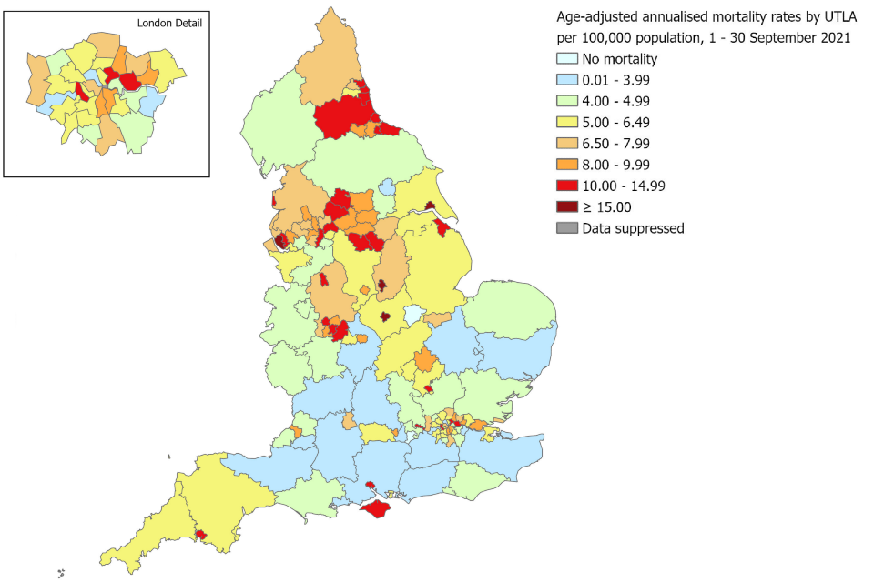 Figure 6.b Age-adjusted annualised mortality rates** (per 100,000 population) in laboratory-confirmed cases of COVID-19, by upper-tier local authority, September 2021