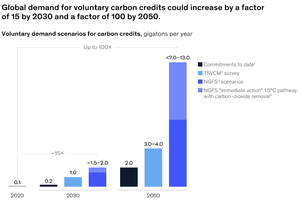 Global demand for voluntary carbon credits could increase by a factor of 15 by 2030 and a factor of 100 by 2050. 