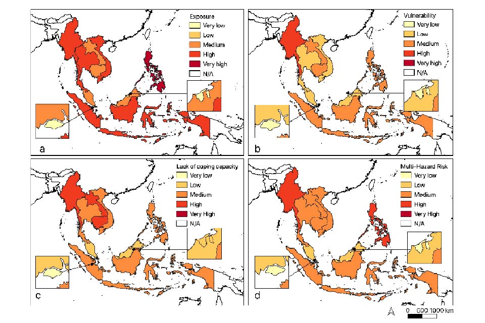 Figure 3: Maps of: (a) Exposure to multiple natural hazards, (b) Vulnerability, (c) Lack of coping capacities, and (d) Multi-Hazard Risk in ASEAN countries. Map of the normalised average of INFORM and RVA V scores (Source: Modified from AHA Centre. 2020)