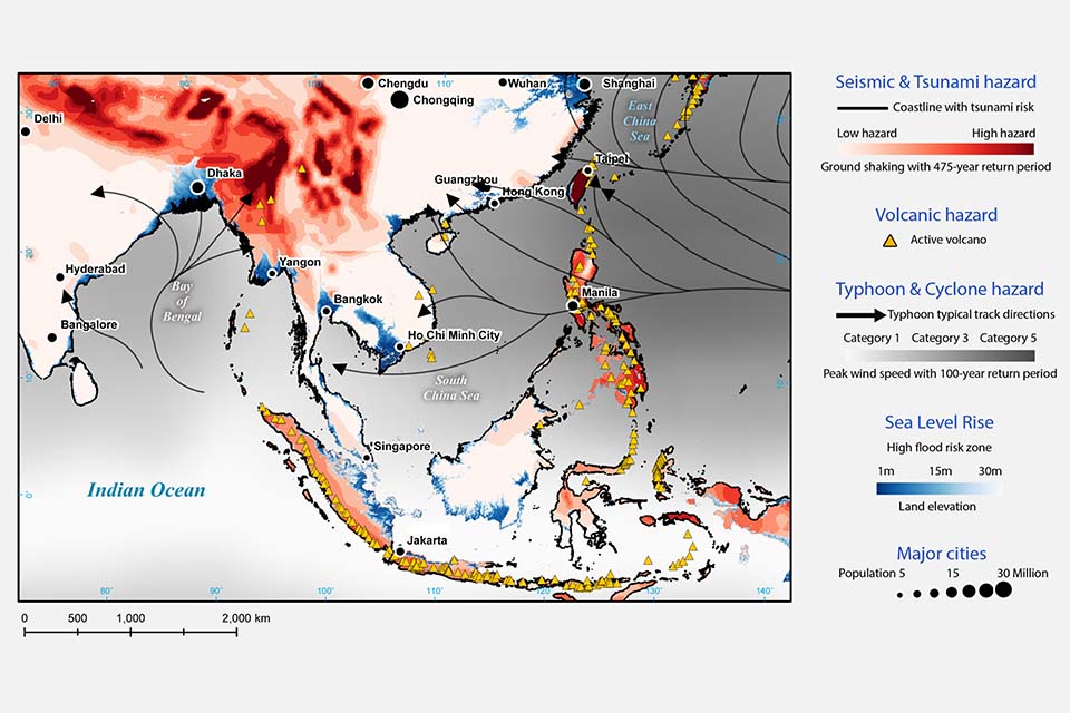 Figure 1: Map of some of the natural hazards threatening Southeast Asia with location of major cities (Earth Observatory of Singapore, 2015)