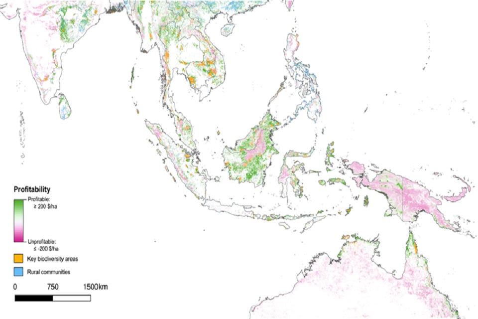 Figure 1: Map of profitable green carbon areas across the Asia-Pacific region with overlaps with key biodiversity areas and rural communities. Profitable carbon data from Koh et al. 2021