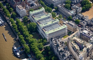 An aerial view of Ministry of Defence Main Building on Whitehall, London