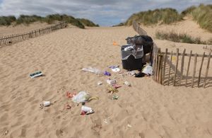 Overflowing litter bin at Saltfleetby-Theddlethorpe Dunes NNR, Lincolnshire.