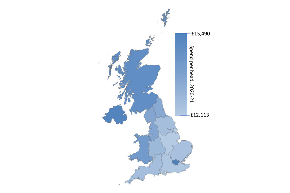 A map showing total expenditure on services, per head, in 2020-21 by UK NUTS region