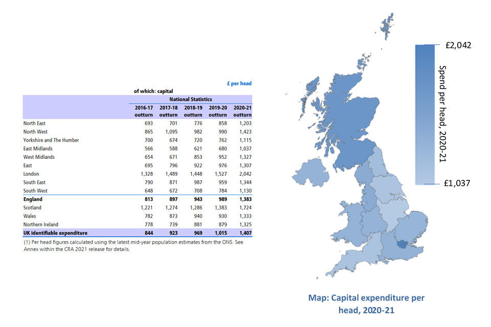 Table A.3b Total capital identifiable expenditure, per head 2016-17 to 2020-21, including a map showing capital expenditure for 2020-21 by UK NUTS region
